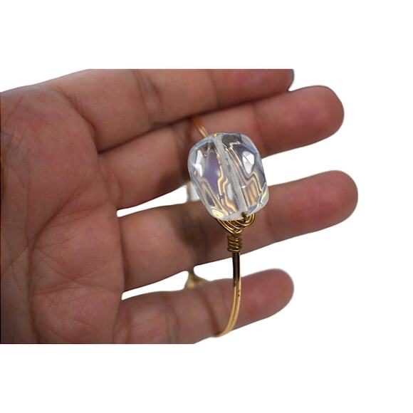 Vintage 80s Artisan Chunky Clear Lucite Nugget Double Wired Bangle Bracelet - Picture 4 of 4